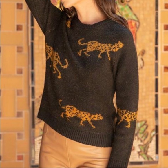 *NWOT* ANTHROPOLOGIE THML Cheetah Crewneck Swtr Black&Gold — S — Dense Lux Weave - Picture 1 of 8